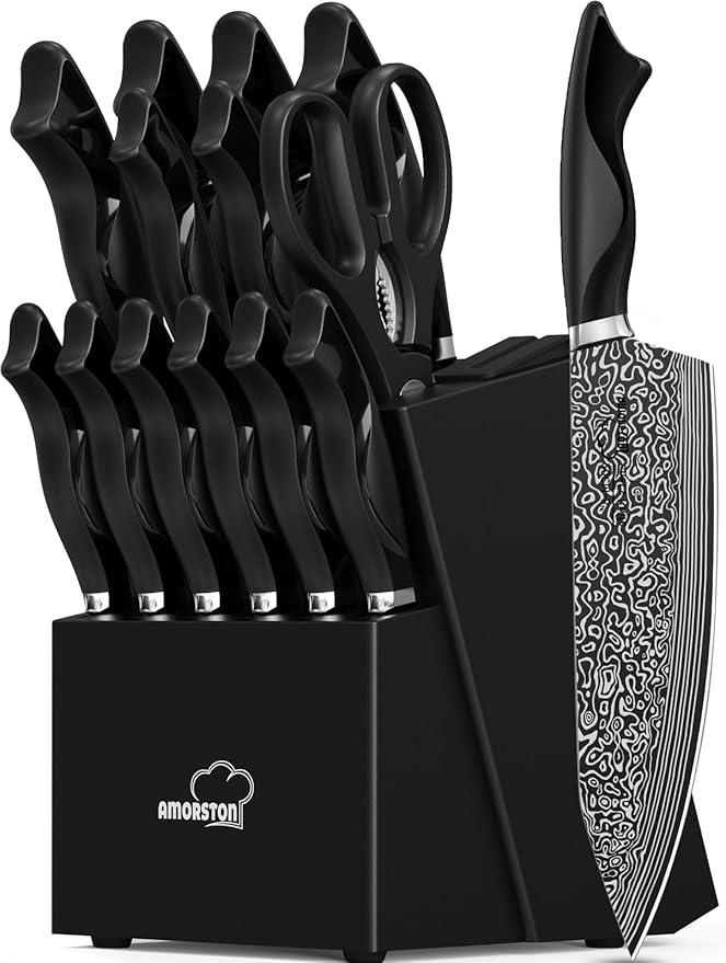 Knife Set, 15 Pieces Kitchen Knife Set with Built in Sharpener, High Carbon German Stainless Steel Knife Block Set, Dishwasher Safe, Mothers Day Gifts by Amorston