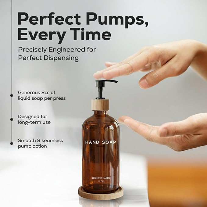 Amber Glass Hand Soap Dispenser Bathroom Set by Brighter Barns - Hand Soap Dispenser for Kitchen Sink & Bathroom - Bamboo Glass Bottle with Tray - Modern Home Decor for Spa, RV, Fitness Center (Amber) - Image 4
