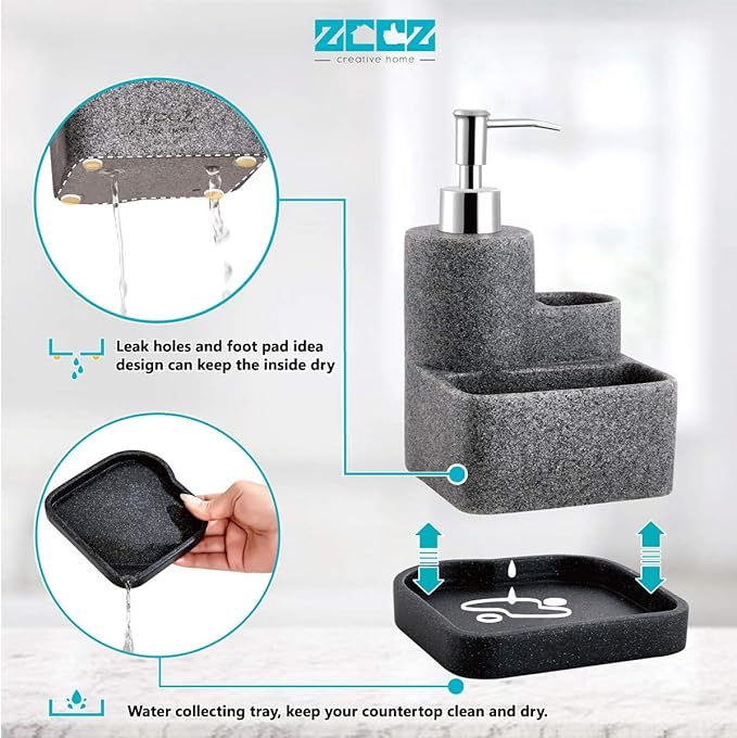 ZCCZ Black Soap Dispenser with Sponge Holder, Kitchen Soap Dispenser Pump, Sponge Caddy and Brush Holder 3 in 1 Set Organizer for Sink Countertop, Removable Tray, Marble Look (Brush NOT Included) - Image 4