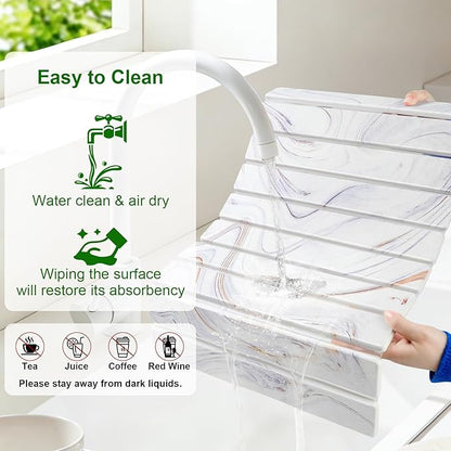 Large Stone Drying Mat for Kitchen Counter, Collapsible Stone Dish Drying Mats, Water Absorbing Diatomaceous Earth Drying Stone for Kitchen Counter, Kitchen Dish Drying Stone Mat, 24"×16" (White)