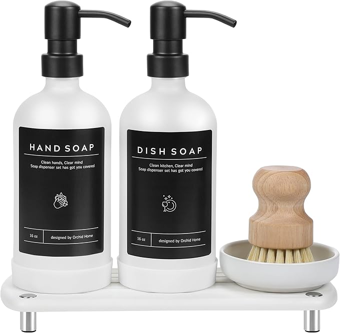 [Luxury] Kitchen Soap Dispenser Set - 16OZ White Glass Bottle, Stainless Steel Pump, Instant Dry Tray, Waterproof Labels, Non-Slip Silicone Pad, and Dish Brush | Upgrade for Your Kitchen and Bathroom by ORCHID+HOME