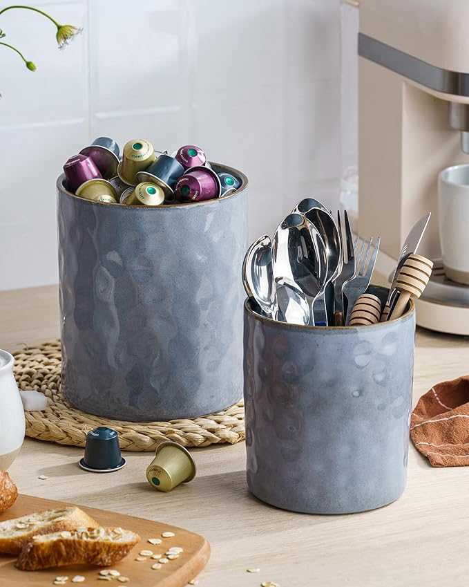 famiware Ocean Utensil Holder, 7.2"+5.8" Ceramic Kitchen Utensil Holder for Countertop, 2 Pieces Cooking Utensil Crocks, Utensil Organizer for Spatula & Spoon, Kitchen Decor, Set of 2, Blue - Image 3