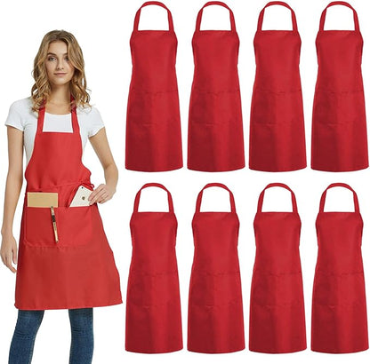DUSKCOVE 8 Pack Bib Aprons Bulk - Unisex Red Commercial Apron with 2 Pockets for Kitchen Crafting BBQ Drawing Cooking by DUSKCOVE