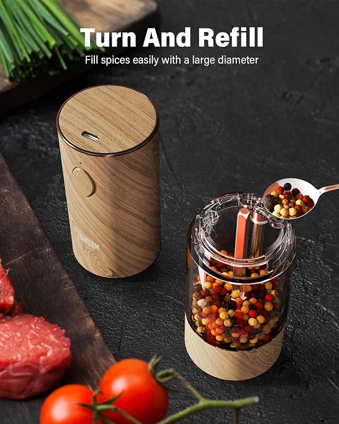 TOMEEM Upgraded Larger Capacity Electric Salt and Pepper Grinder Set Rechargeable with LED lights, Stainless Steel Automatic Pepper and Salt Grinder Refillable with 5 Adjustable Coarseness Wood Grain - Image 5