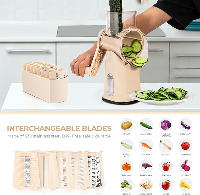 SUSTEAS Rotary Cheese Grater with Handle - Vegetable Shredder with 5 Well-designed Blades & Strong Suction Base,Round Mandoline Slicer & Food Chopper for Kitchen,with Blade Storage Box(Beige) - Image 3