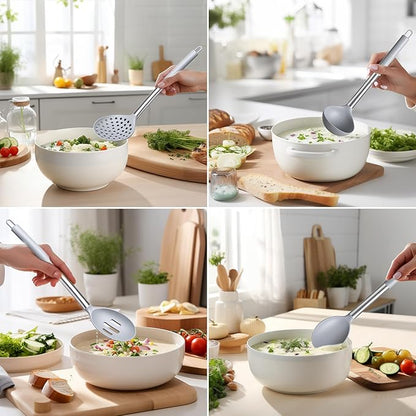 Silicone Kitchen Utensils Set - Culinary Couture 6-Pieces Grey Silicone Cooking Utensils Set for Nonstick Cookware - Stainless Steel Handle