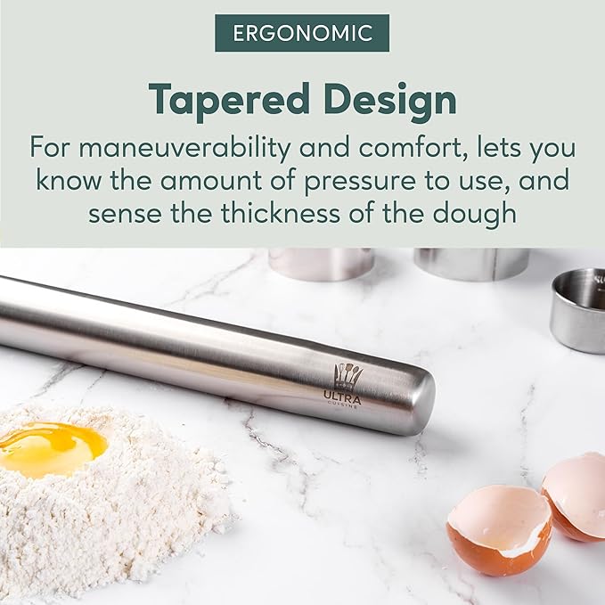 Ultra Cuisine French Rolling Pin for Baking – Use with Pizza, Cookie, and Pastry Dough, Fondant and Pie Crust – Tapered Design Bread Roller Pin, Stainless Steel 15.75-inch Large Roller Pin - Image 6