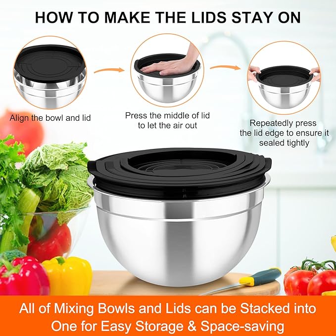 TeamFar Mixing Bowls with Airtight Lids, 5PCS Stainless Steel Metal Salad Bowl with 3 Grater Attachments, for Cooking, Prepping, Serving, Healthy & Easy Clean - 0.7/1/1.5/2.6/4.6QT, Black - Image 8