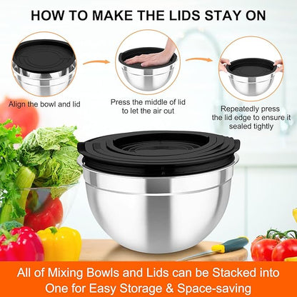 TeamFar Mixing Bowls with Airtight Lids, 5PCS Stainless Steel Metal Salad Bowl with 3 Grater Attachments, for Cooking, Prepping, Serving, Healthy & Easy Clean - 0.7/1/1.5/2.6/4.6QT, Black - Image 8