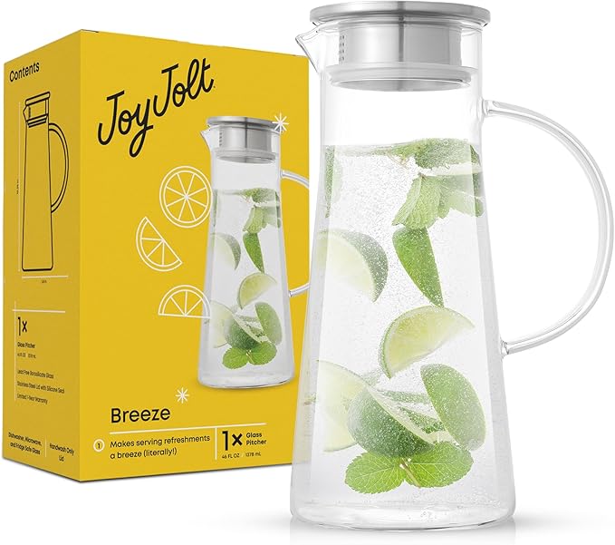 JoyJolt Glass Pitcher with Lid - 50oz Borosilicate Water Carafe, Jug with Stainless Steel Lid for Iced Tea, Lemonade, Juice, Mixed Drinks by JoyJolt