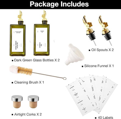 Olive Oil Dispenser Bottle for Kitchen, 16.9oz /500ml Cooking Vinegar Dispenser Bottle Set, Glass Sauce Container, Labels, Brush, Funnel, Stoppers, Green for Oil, Wine - Image 7
