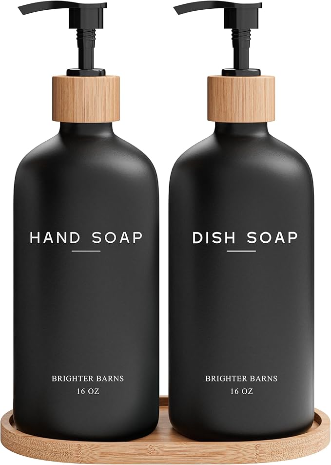 Black Glass Hand and Dish Soap Dispenser Set by Brighter Barns - Kitchen Soap Dispenser Set with Tray - Bamboo Pump Bottles for Kitchen Sink - Boho Modern Home Decor, Neutral Home Accessories (Black) by BrighterBarns