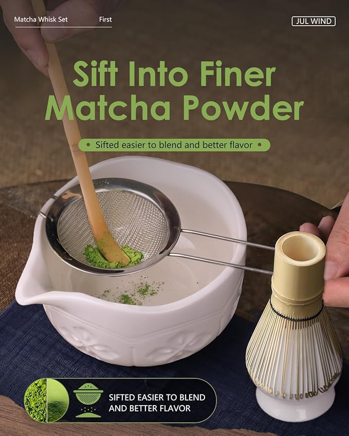 Matcha Whisk Set, Ceramic Matcha Bowl with Spout, Bamboo Whisk, Scoop, Sifter, Holder, Tea Towel - 6Pcs Matcha Kit Gift for Matcha Lovers Beginners (White) - Image 4