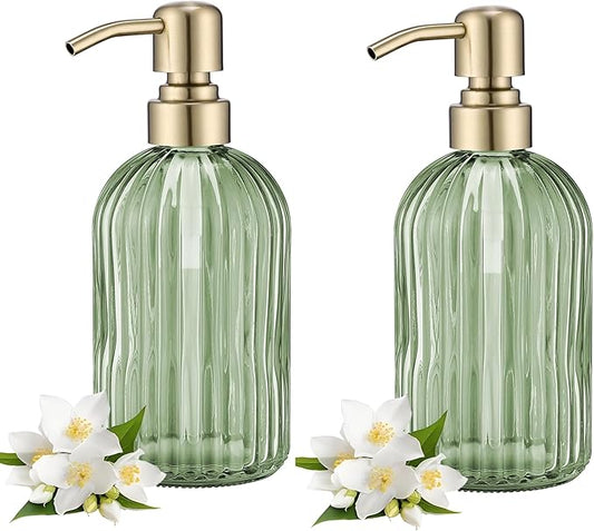 16Oz Green Glass Soap Dispenser with Rust Proof Stainless Steel Pump, Green Stripe Bathroom Hand Dish Lotion Dispensers with Brushed Gold Pump,Brushed Gold Glass Soap Dispenser,2 Packs