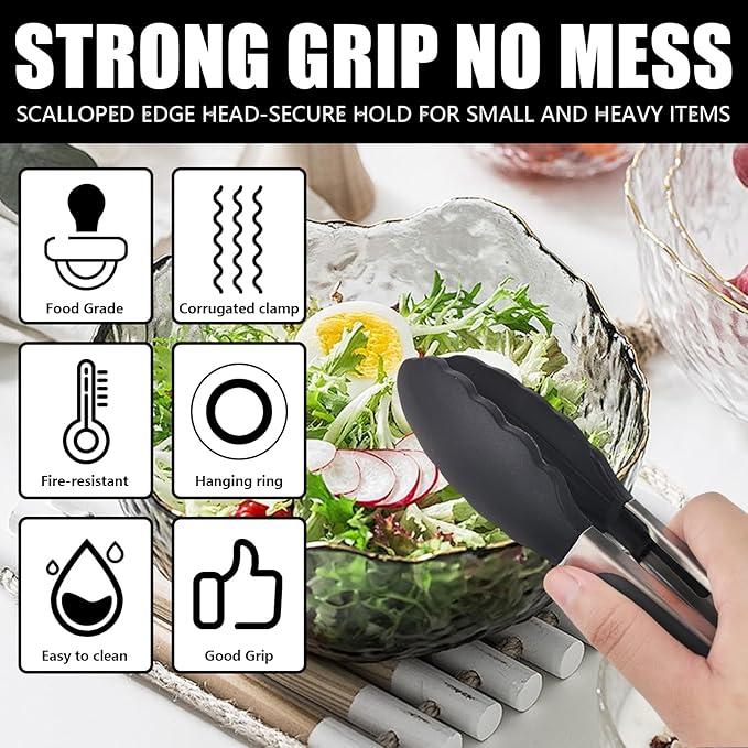 Kitchen Tongs with Silicone Tips, Kitchen Tongs, Cooking Tongs, Premium Stainless Steel Locking Cooking Tongs, Non-Slip Food Tongs for Cooking, Heavy Duty, Non-Stick, 480℉, Set of 3-7"/9"/12" Black - Image 6