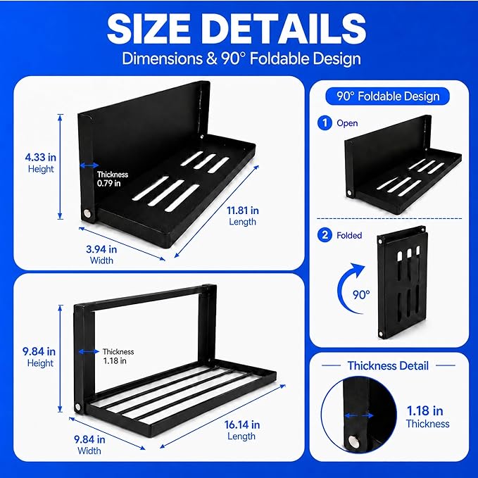 Magnetic Shelf for Washer Dryer, Foldable 2 Tier Metal Organizer Rack with Hooks, No Drill Laundry Room Side Storage, Magnetic Fridge Shelf for Refrigerator, Cabinet, Locker, RV