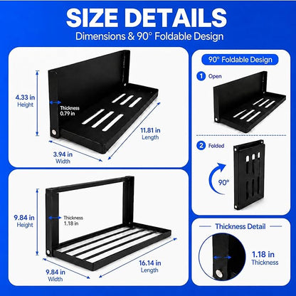 Magnetic Shelf for Washer Dryer, Foldable 2 Tier Metal Organizer Rack with Hooks, No Drill Laundry Room Side Storage, Magnetic Fridge Shelf for Refrigerator, Cabinet, Locker, RV