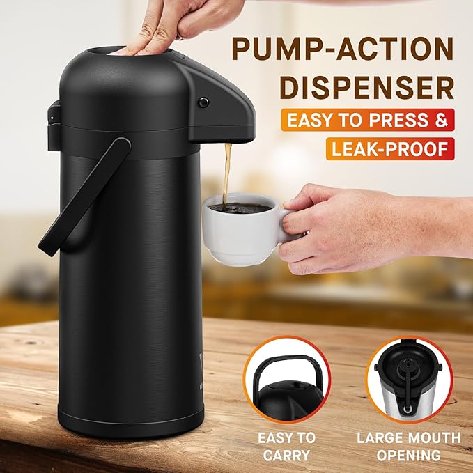Airpot Coffee Carafe for Keeping Hot - 102 OZ/ 3.0L Coffee Dispenser with Pump - Insulated Stainless Steel thermal carafe for Hot Drinks Water Tea Chocolate - Hot Beverage Dispenser for Parties - Image 3