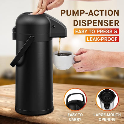 Airpot Coffee Carafe for Keeping Hot - 102 OZ/ 3.0L Coffee Dispenser with Pump - Insulated Stainless Steel thermal carafe for Hot Drinks Water Tea Chocolate - Hot Beverage Dispenser for Parties - Image 3