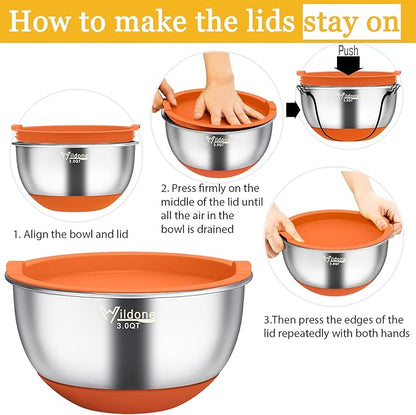 Wildone Mixing Bowls with Airtight Lids, 22 PCS Stainless Steel Mixing Bowls Set, 3 Grater Attachments, Measurement Marks & Non-Slip Bottom, Size 5, 4, 3, 2,1.5, 0.63QT, Ideal for Mixing & Prepping