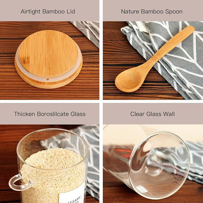 HHMJSM 6 Pcs Glass Jar with Bamboo Lid and Spoon - 17 oz Large Sugar Container with 148 Kitchen Pantry Spice Jar Labels Preprinted - Glass Containers with Wooden Lids Hold Coffee, Tea, Candy - Image 6