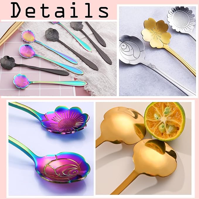 12 Pcs Flower Coffee Tea Spoons Set with Storage Bag, 4 Long & 8 Short Stainless Steel Teaspoons for Sugar Dessert Ice Cream Stirring, Cute Fancy Tableware for Tea Party Kitchen Cafe Bar(Black)