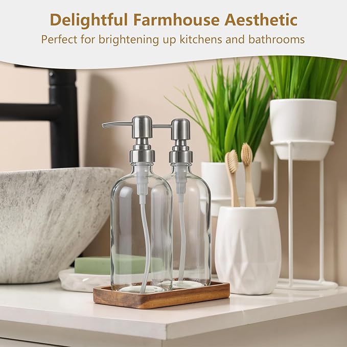 Clear Glass Soap Dispenser Set with Acacia Wood Tray, Refillable Hand Soap Pump Bottle for Kitchen, Bathroom Countertop, Modern Farmhouse Soap Dispenser Set