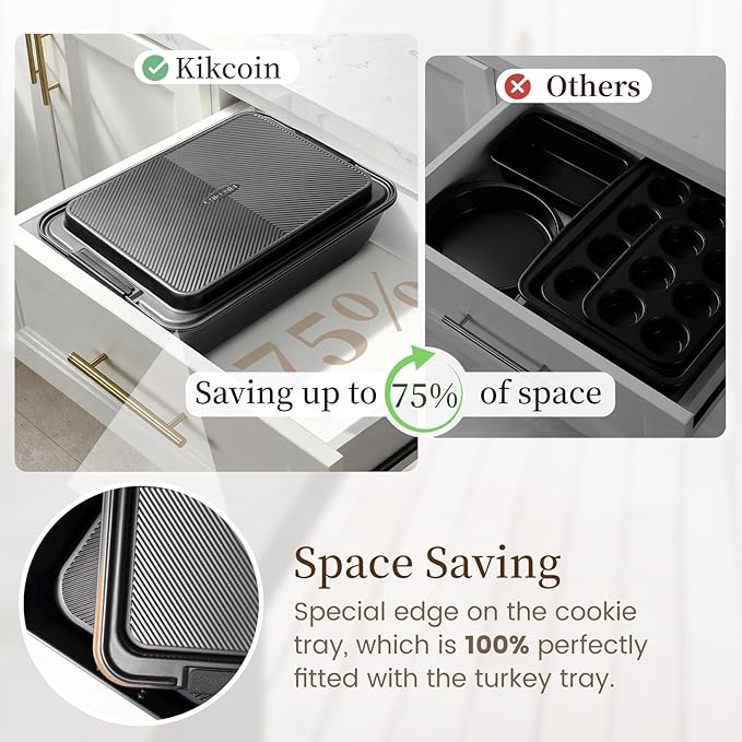 Kikcoin 25 PCS Stackable Baking Pans Set, Non-stick Bakeware Sets with Silicone Handles, 450°F Oven Safe Cookie Sheets for Baking, Easy Release Heavy-duty Baking Sheets Non Stick, Black - Image 3