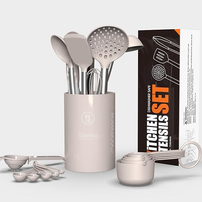 Large Silicone Cooking Utensils Set - Heat Resistant Kitchen Utensils,Turner Tongs,Spatula,Spoon,Brush,Whisk,Stainless Steel Silicone Cooking Tool for Nonstick Cookware,Dishwasher Safe (Khaki) - Image 4