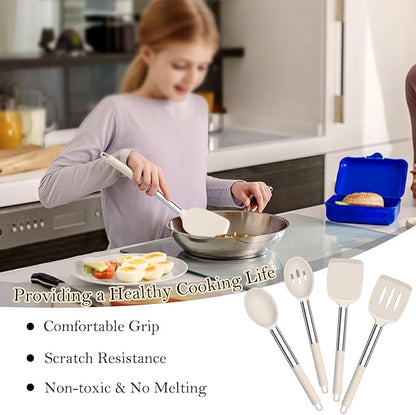 TeamFar Kitchen Utensils, 4 PCS Silicone Cooking Utensils Spatula Spoon Set with Stainless Steel Handle, for Frying Mixing Draining Turning, Healthy & Heat-proof, Non-stick & Dishwasher Safe - Khaki - Image 5
