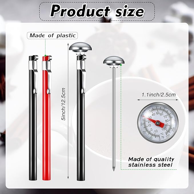 Xuhal 6 Pcs Stainless Steel Kitchen Thermometer with 5 Inch Long Stem 1 Inch Dial Thermometer Milk Frothing Food for Oven Probe Meat Grill BBQ Cooking Chocolate Water(Black, Red) - Image 3