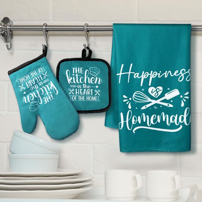 Sratte 6 Pcs Kitchen Decor Accessories Set Farmhouse Towels Pot Holders Oven Mitts Set 2 Dish Towels 2 Potholders 2 Cooking Mittens Oven Glove for Christmas Baking Cooking Supply(Teal,Kitchen) - Image 3