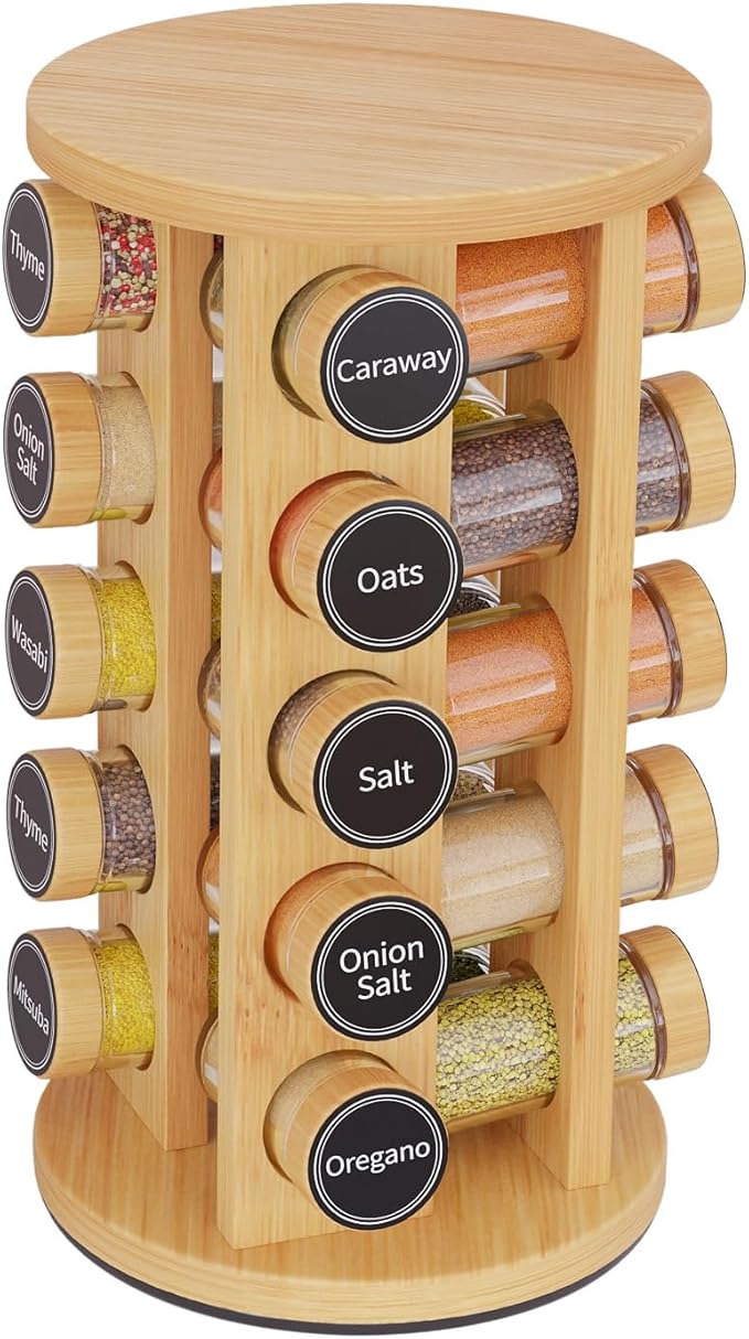 New England Stories Revolving Spice Rack Set with 20 Spice Jars, Kitchen Spice Tower Organizer for Countertop or Cabinet - Carousel Storage Includes 386 Spice Labels (Bamboo) by NewEnglandStories