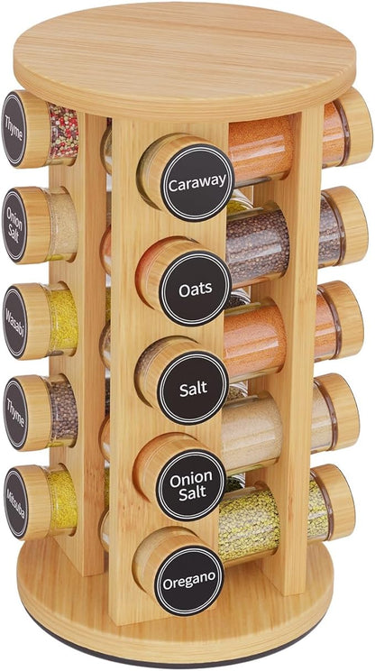 New England Stories Revolving Spice Rack Set with 20 Spice Jars, Kitchen Spice Tower Organizer for Countertop or Cabinet - Carousel Storage Includes 386 Spice Labels (Bamboo) by NewEnglandStories