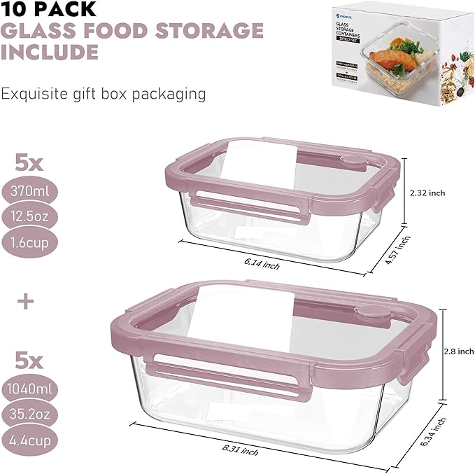 10-Pack Glass Food Storage Containers with Tempered Lids – Borosilicate, Airtight, Oven-Safe (-4°F~950°F), BPA-Free, 4.4 & 1.6 Cup, Leak-Proof, Dishwasher Safe (Pink) - Image 2