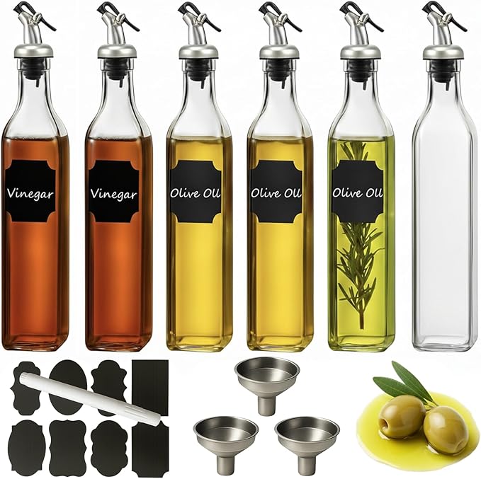 WERTIOO 6 PACK Glass Olive Oil Dispenser Bottle, 17 OZ/500ml Oil Dispenser for Kitchen with 6 Pourer, 3 Stainless Steel Funnel & 1 Pen and 8 Label for Kitchen by WERTIOO