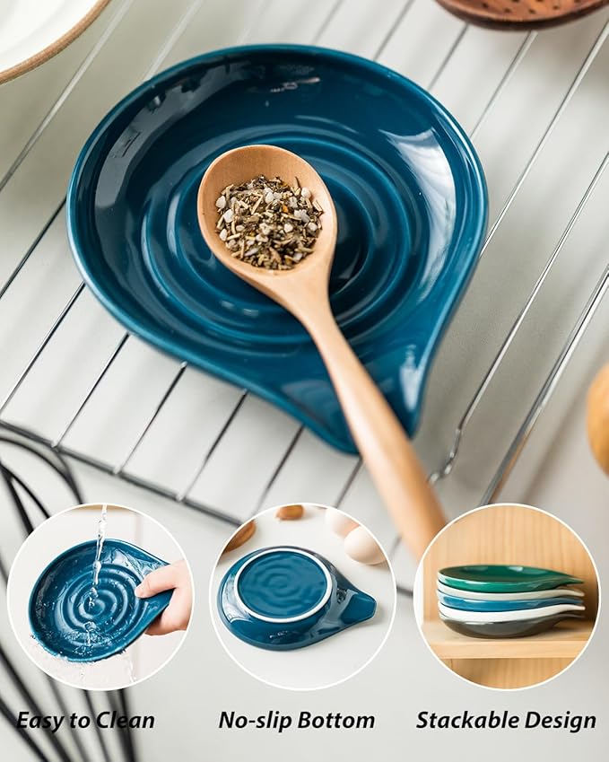 LAUCHUH Spoon Rest for Stove Top, Ceramic Spoon Holder for Kitchen Counter Large Spatula Holder for Ladles, Tongs, Farmhouse Kitchen Décor for Mother's Day, Heat-Resistant, Set of 2, 5 inch, Blue