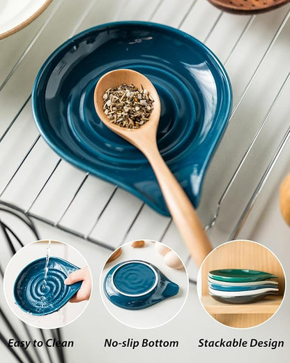 LAUCHUH Spoon Rest for Stove Top, Ceramic Spoon Holder for Kitchen Counter Large Spatula Holder for Ladles, Tongs, Farmhouse Kitchen Décor for Mother's Day, Heat-Resistant, Set of 2, 5 inch, Blue