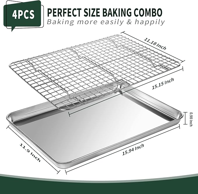 Jelly Roll Pan with Cooling Rack Set [2 Baking Pans + 2 Baking Racks], CEKEE Stainless Steel Baking Sheet Tray with Wire Rack Set, Commercial Quality, Rust Proof & Nonstick, Size 15.94 x 12 x 1 Inch - Image 2