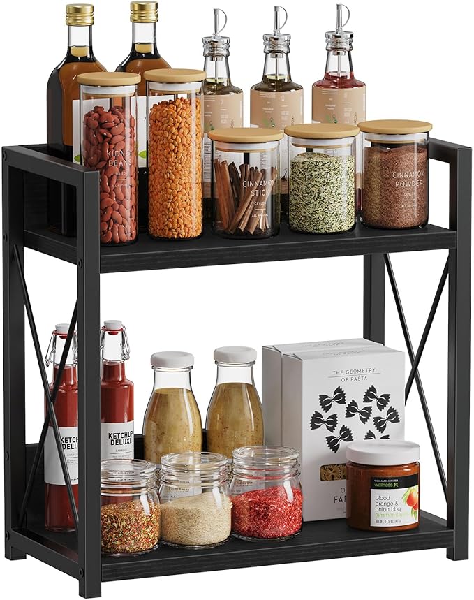 Giikin Kitchen Countertop Organizer, 2 Tier Coffee Bar Organizer, Black Spice Rack for Counter, Kitchen Counter Shelves, Particleboard, Large Size (15.8" L x 7.9" W x 15.8" H), Black by Giikin