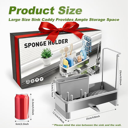 Ewaiira Stainless Steel Sink Caddy, Sponge Holder for Kitchen Sink with Brush Holder Dishcloth Rack, Rustproof Sink Organizer Countertop, Soap Dispenser Kitchen Organizers Storage Essentials, Gray9.8″ - Image 2
