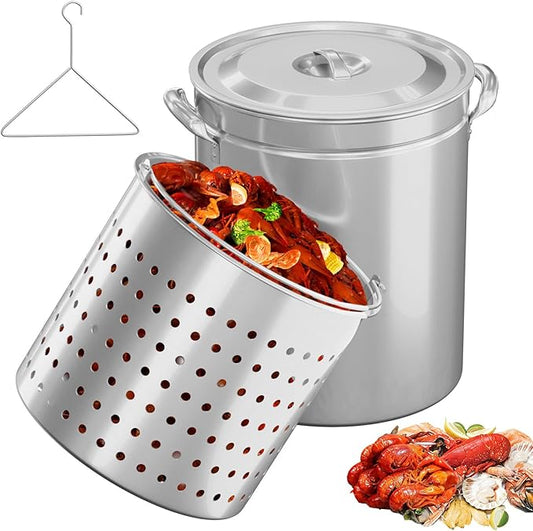 Bonnlo 62QT Stainless Steel Stock Pot for Boiling Seafood, Crawfish lobster & Crab, Frying Turkey & Steaming Tamales, Large Boil Pot with Steamer Basket, Lid, Lifting Hook for Outdoor Cooking Backyard