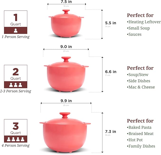 MINH LONG 1-Qt Porcelain Dutch Oven with Lid – Lead & Cadmium Free, Oven Safe to 482°F, Heat Retention, Clay Pot for Cooking on Gas & Infrared Cooktop, Use to Marinate, Cook, Bake, Refrigerate & Serve