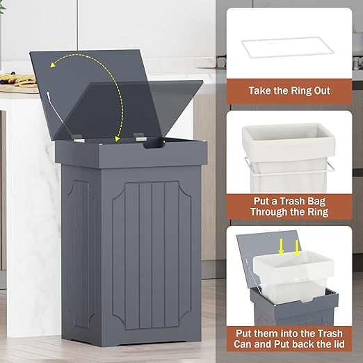 Function Home Trash Can Cabinet, 13 Gallon Kitchen Garbage Can, Wood Recycling Trash Bin, Freestanding Dog Proof Trash Can, Farmhouse Trash Cabinet with Lid for Home Kitchen Bathroom, Grey - Image 9
