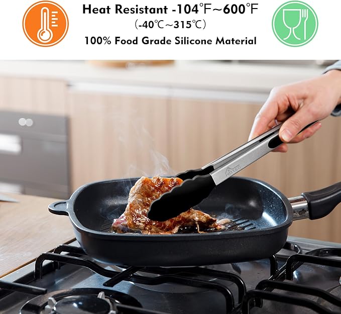 HOTEC Premium Stainless Steel Locking Kitchen Tongs with Silicon Tips, Set of 3-7", 9" and 12", Black, Grey, White - Image 2