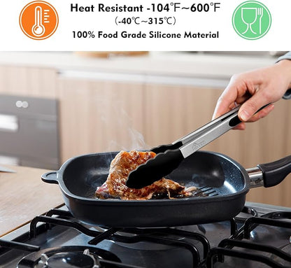 HOTEC Premium Stainless Steel Locking Kitchen Tongs with Silicon Tips, Set of 3-7", 9" and 12", Black, Grey, White - Image 2
