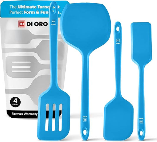 New DI ORO Silicone Turner Spatula Set - Kitchen Spatulas for Nonstick Cookware - Cooking Utensils for Flipping Eggs & Pancakes - 600°F Heat-Resistant BPA Free Turners - Dishwasher Safe (4pc, Blue) by DIORO
