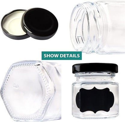 1.5 OZ Mini Hexagon Glass Jars, 48 Pack Empty Honey Jars Small Spice Jars with Black Lids and 50pcs Labels for Jam, Homemade Projects, Gifts, Wedding Party Favors