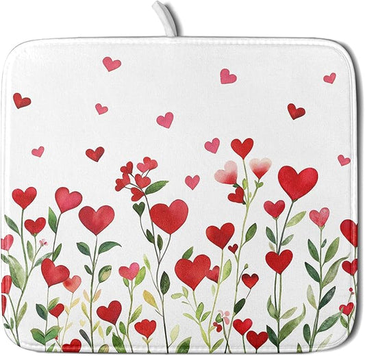 Valentines Day Dish Drying Mat for Kitchen Counter 18x16 Inch Green Red Heart Drying Mat with Absorbent Reversible Microfiber Holiday Love Dish Drainer Mats Rack Pad for Coffee Countertop Protector
