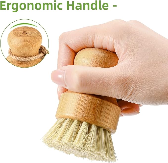 SUBEKYU Bamboo Dish Scrub Brushes, Kitchen Wooden Cleaning Scrubbers Set for Washing Cast Iron Pans/Pots, Set of 2 - Image 5